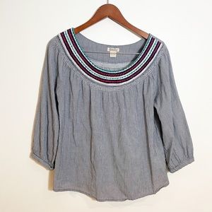 LUCKY BRAND Striped Embroidered Peasant Blouse Medium Boho